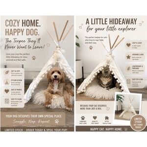Boho Pet Teepee Tent with Plush Cushion for Small Dogs and Cats Cream Canvas